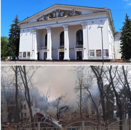 A mariupoli színház az orosz támadás előtt és után