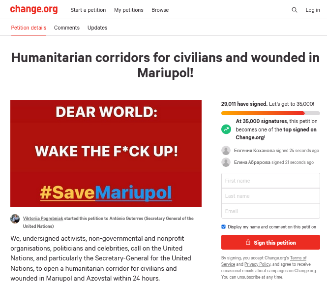 Gondoskodó emberek aláírásokat gyűjtenek a „Humanitárius folyosók civilek és sebesültek számára Mariupolban” című petíció keretében